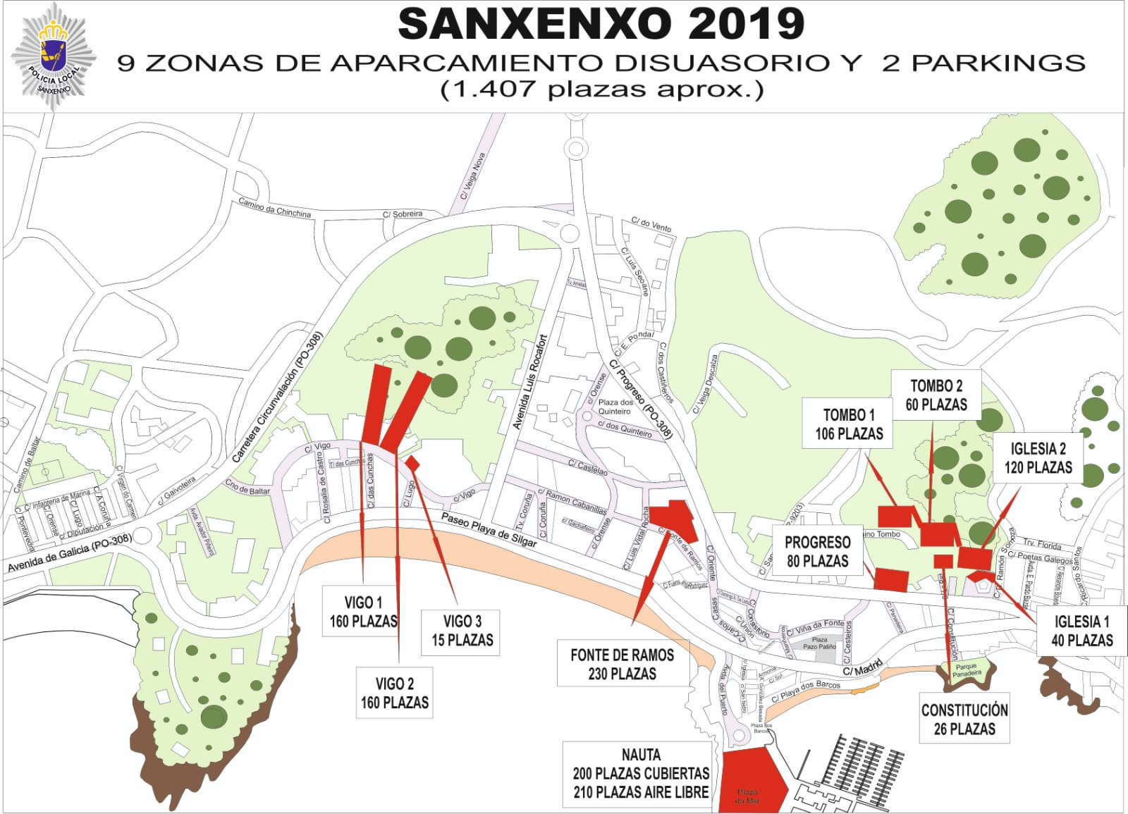 En verano la villa de Sanxenxo incrementa el número de plazas de aparcamiento hasta las 2.627