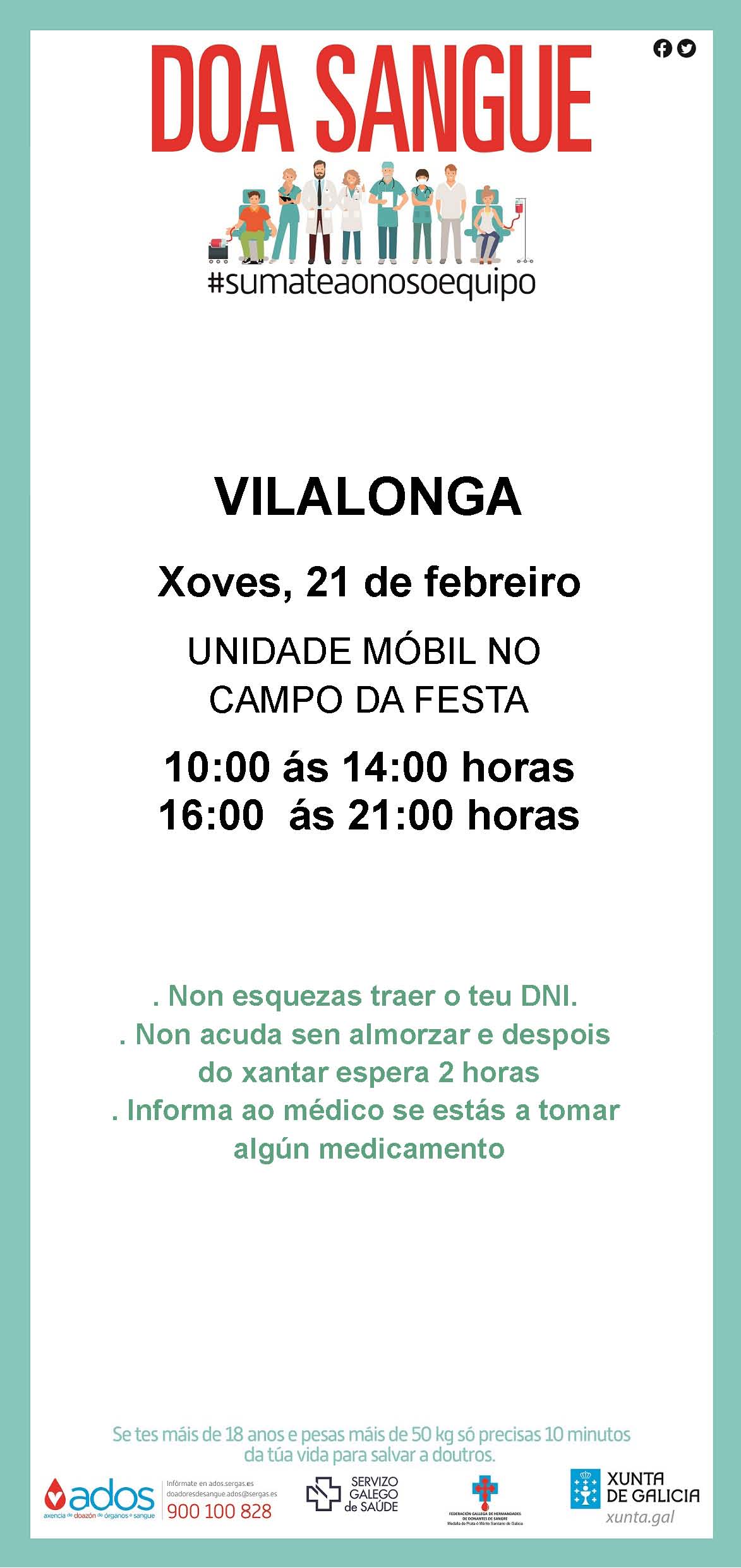 A unidade móbil de doazón de sangue estará mañá xoves 21 de febreiro no campo da festa de Vilalonga