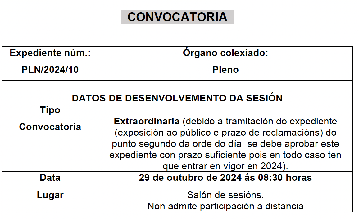 CONVOCATORIA SESIÓN EXTRAORDINARIA DO 29 DE OUTUBRO DE 2024