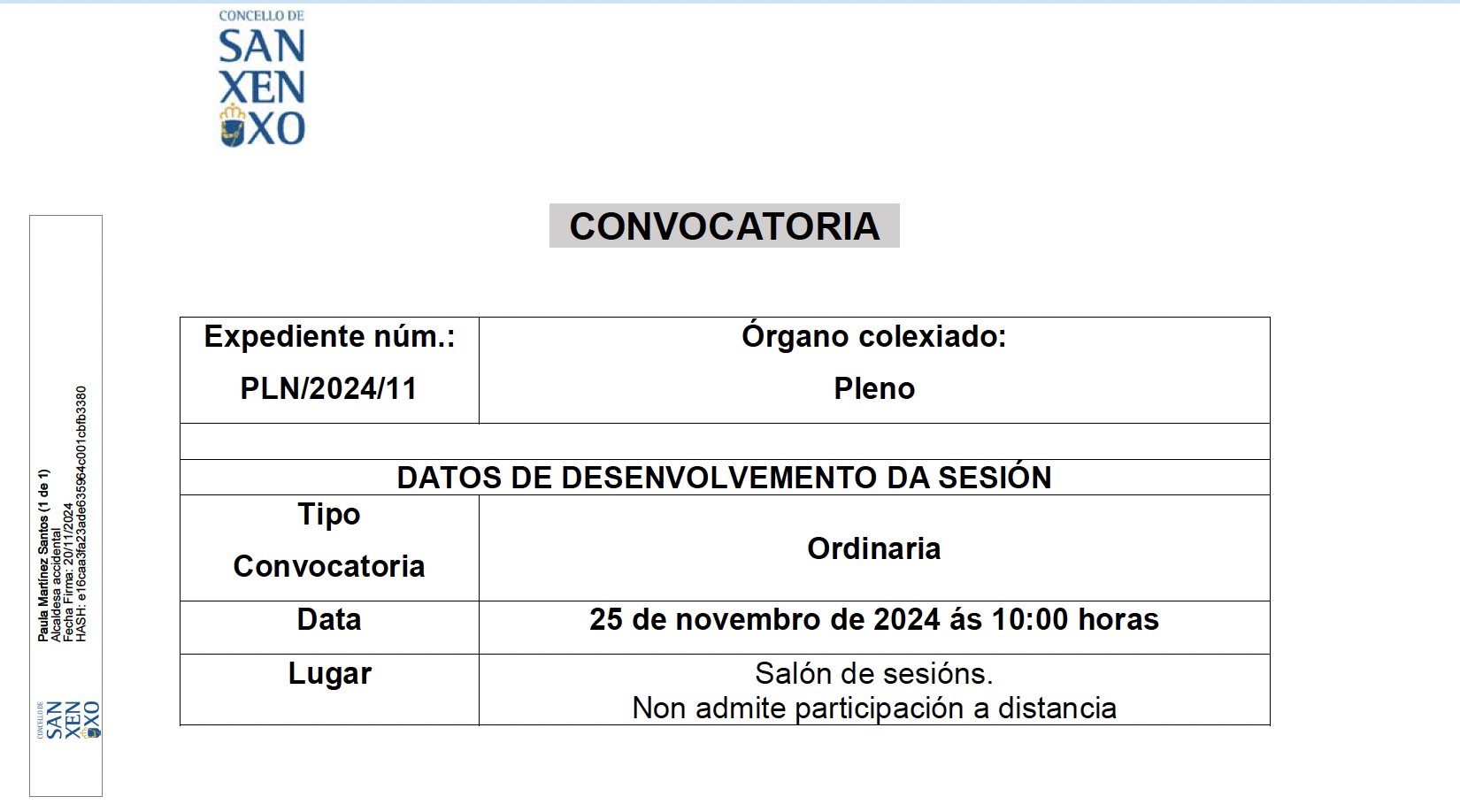 CONVOCATORIA SESIÓN ORDINARIA DO 25 DE NOVEMBRO DE 2024