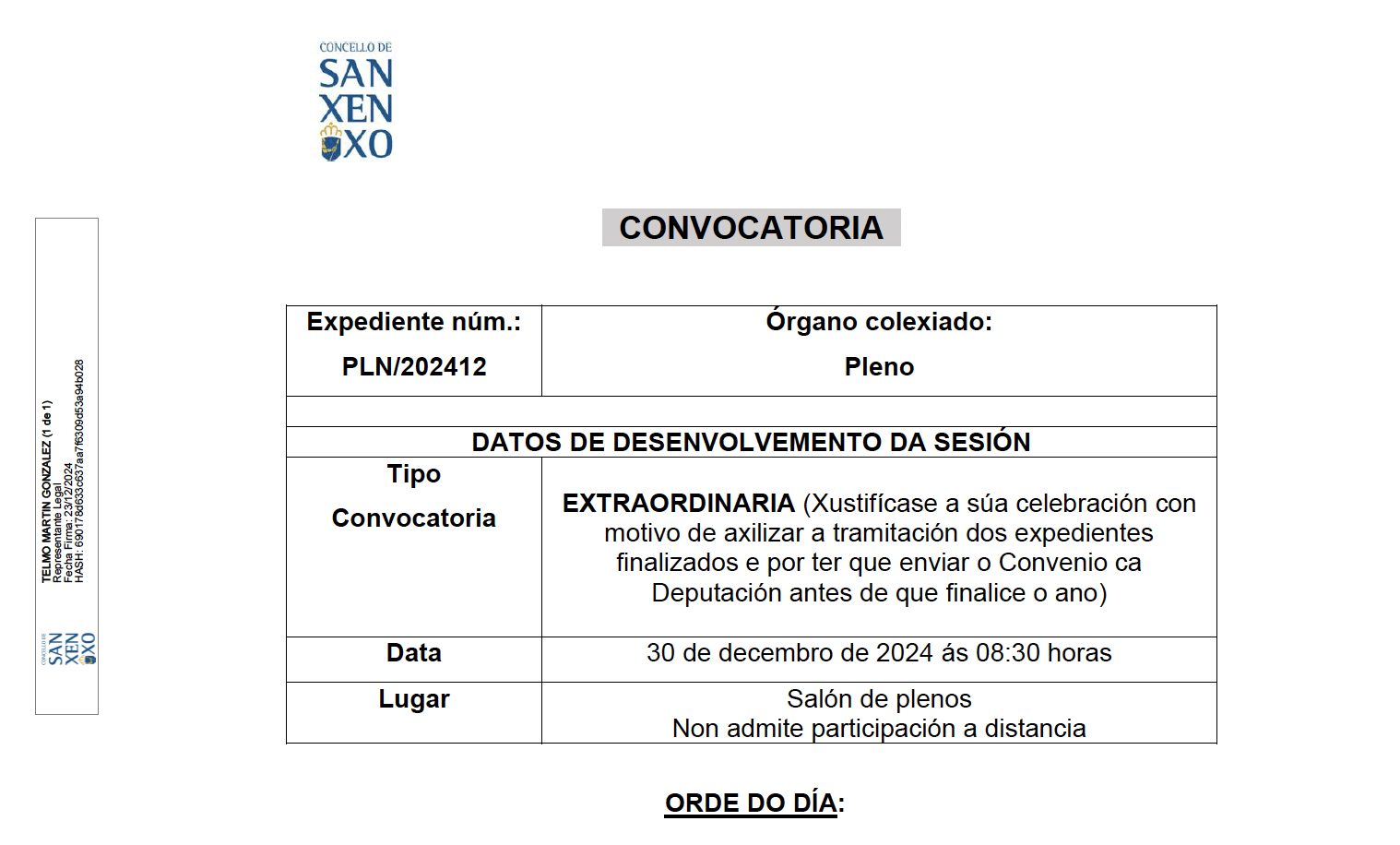 CONVOCATORIA SESIÓN EXTRAORDINARIA DO 30 DE DECEMBRO DE 2024