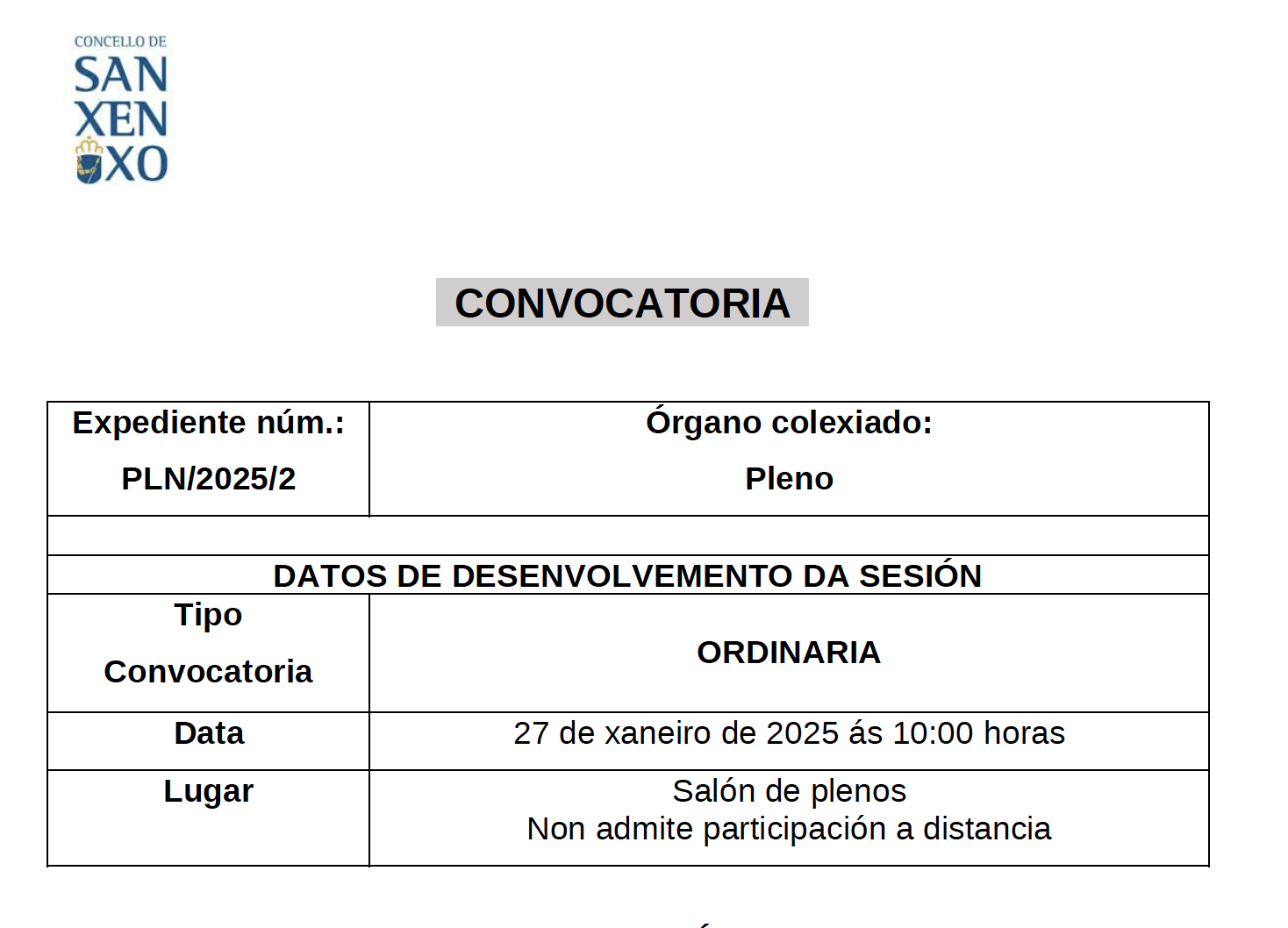 CONVOCATORIA SESIÓN ORDINARIA DO 27 DE XANEIRO DE 2025