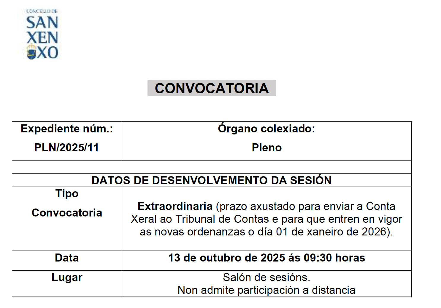 CONVOCATORIA SESIÓN EXTRAORDINARIA DO 13 DE OUTUBRO DE 2025