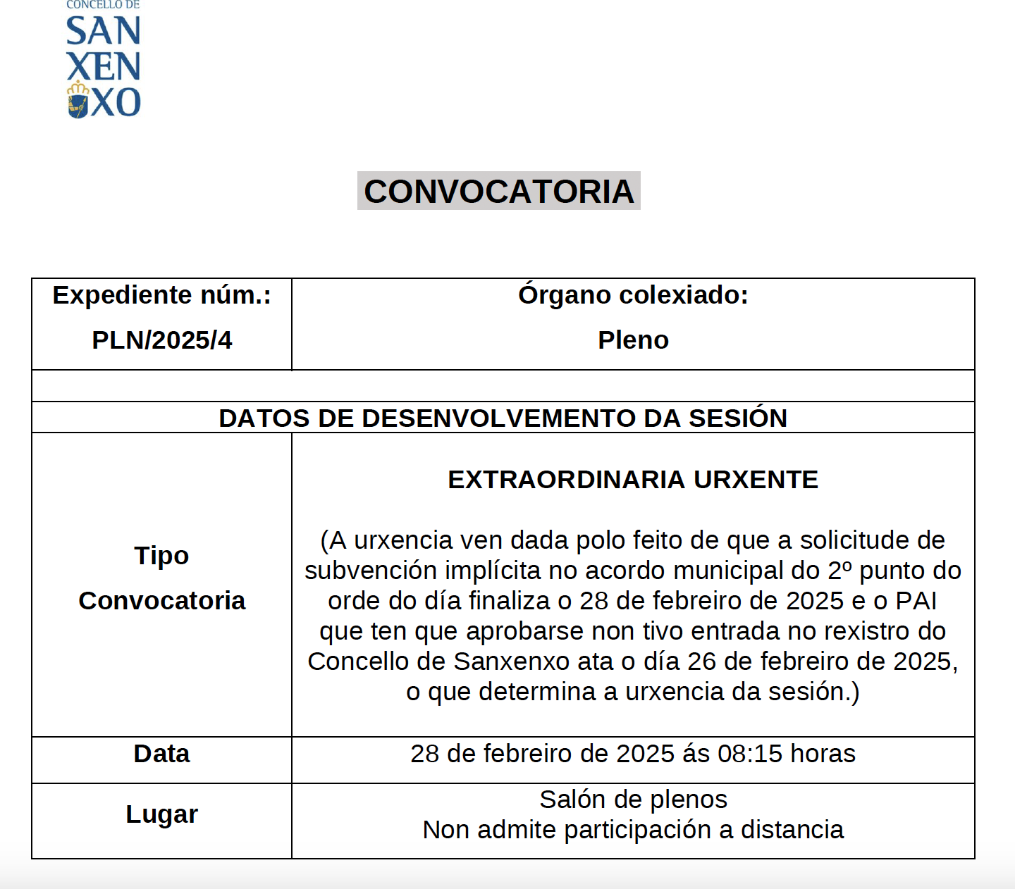 CONVOCATORIA SESIÓN EXTRAORDINARIA DO 28 DE FEBREIRO DE 2025