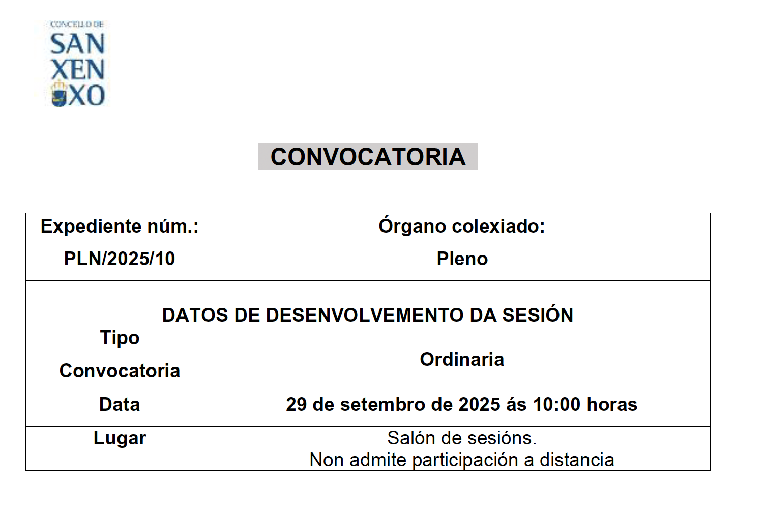 CONVOCATORIA SESIÓN ORDINARIA DO 29 DE SETEMBRO DE 2025