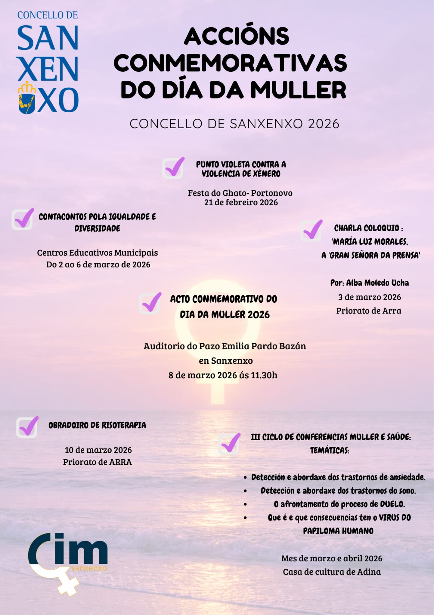 SANXENXO CONMEMORA O 8-M CUNHA AMPLA PROGRAMACIÓN ATA ABRIL E UN ACTO CENTRAL NO AUDITORIO