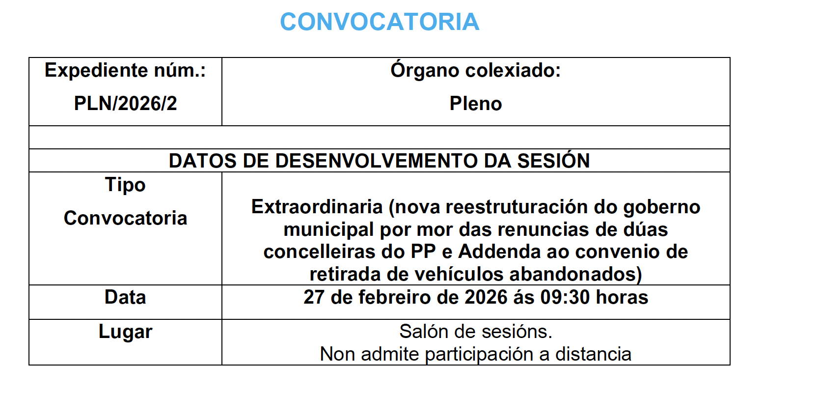 CONVOCATORIA SESIÓN EXTRAORDINARIA DO 27 DE FEBREIRO DE 2026