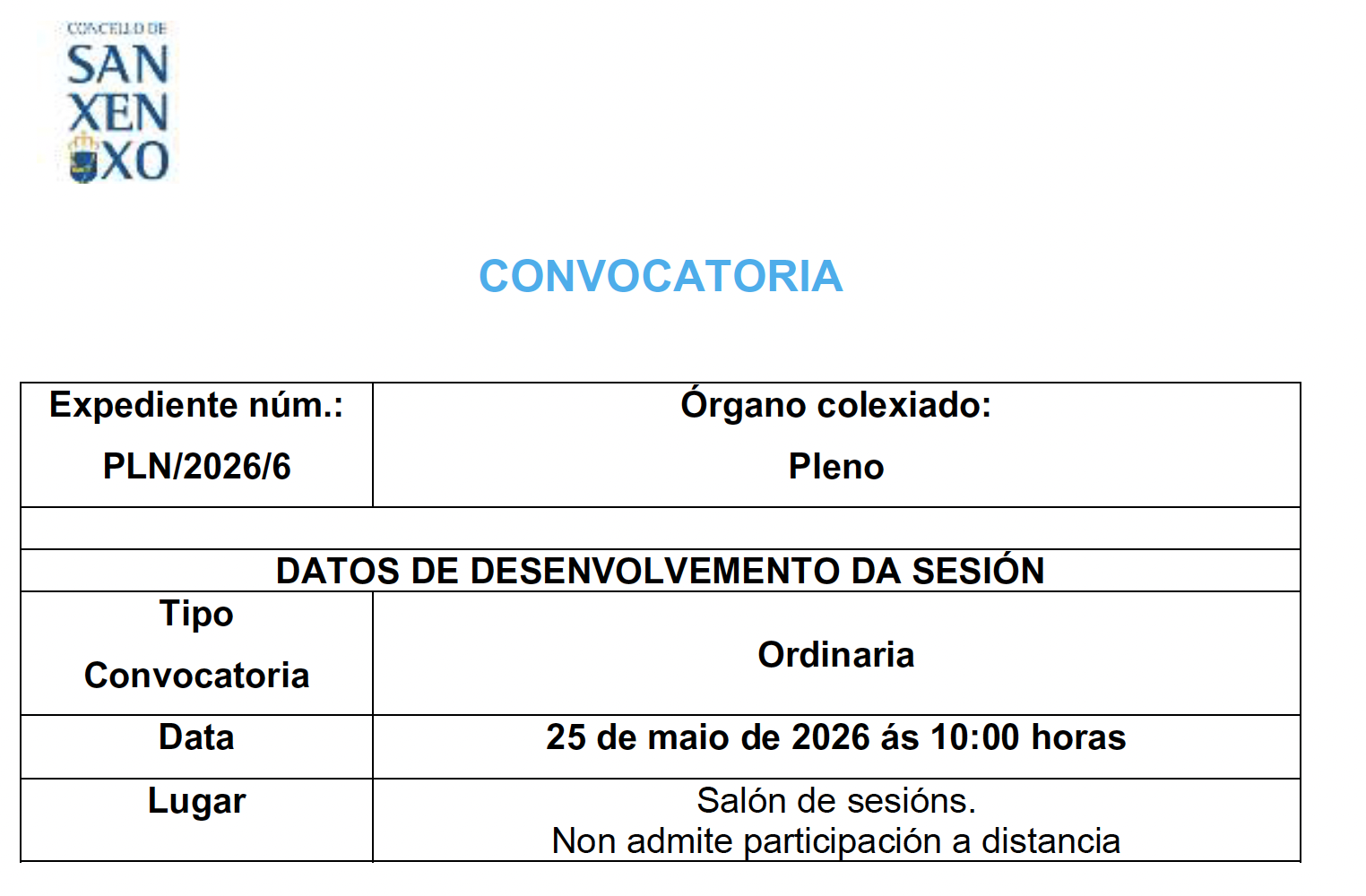 CONVOCATORIA SESIÓN ORDINARIA DO 25 DE MAIO DE 2026