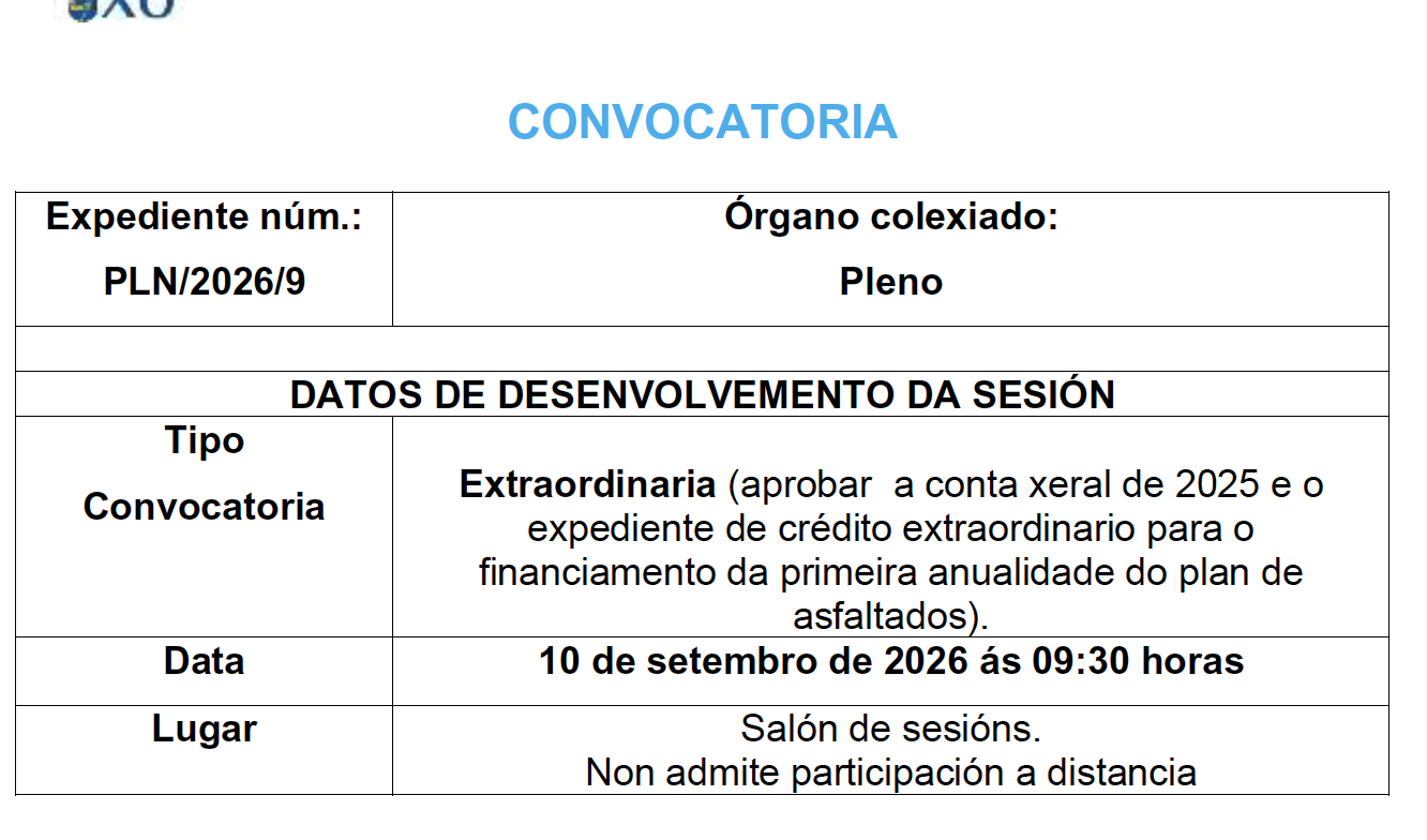 CONVOCATORIA SESIÓN EXTRAORDINARIA DO 10 DE SETEMBRO DE 2026